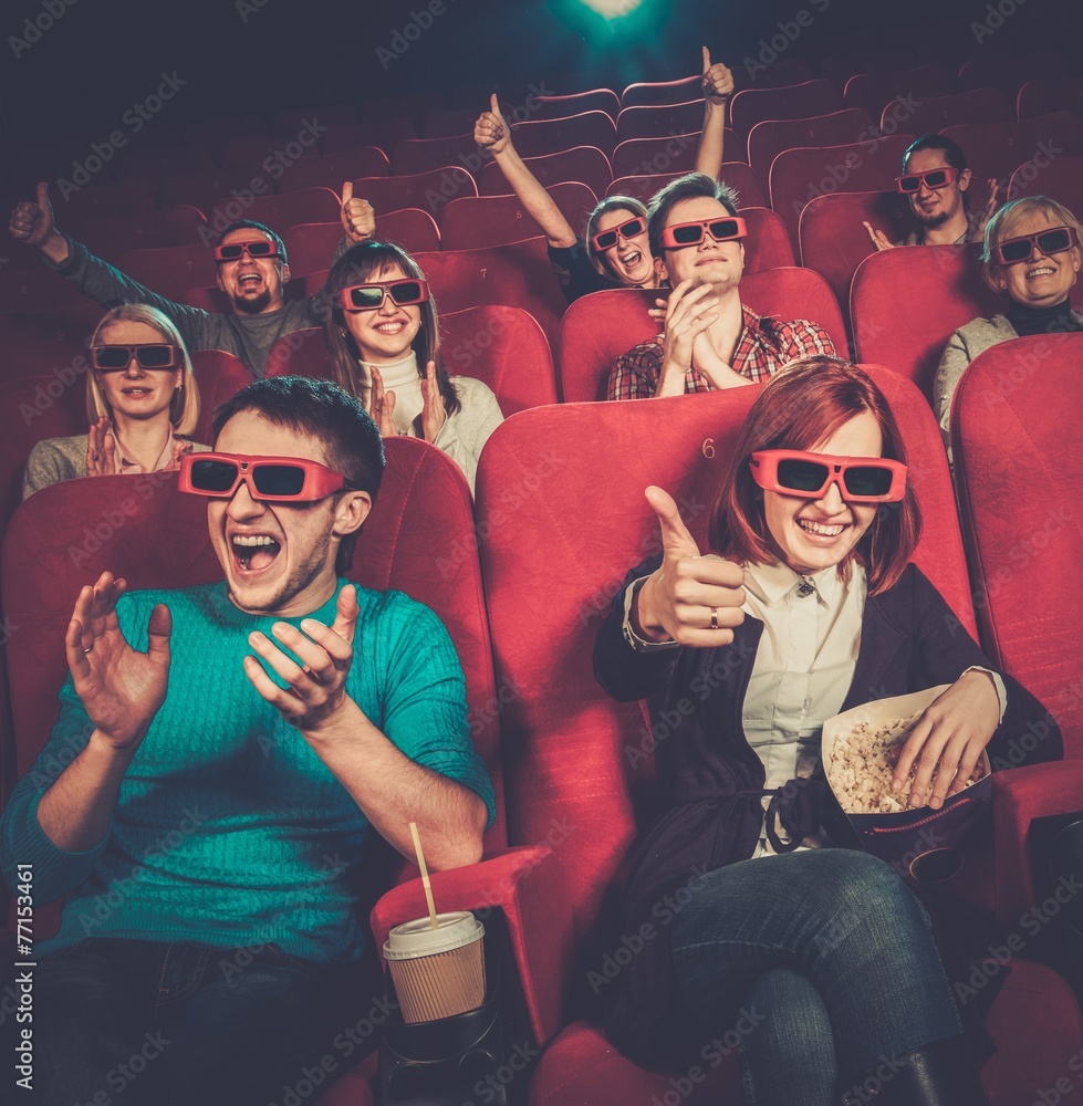Group of people in 3D glasses watching movie in cinema - obrazy, fototapety, plakaty 