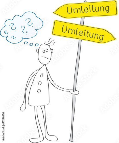 Verwirrter Mann mit Umleitungsschildern
