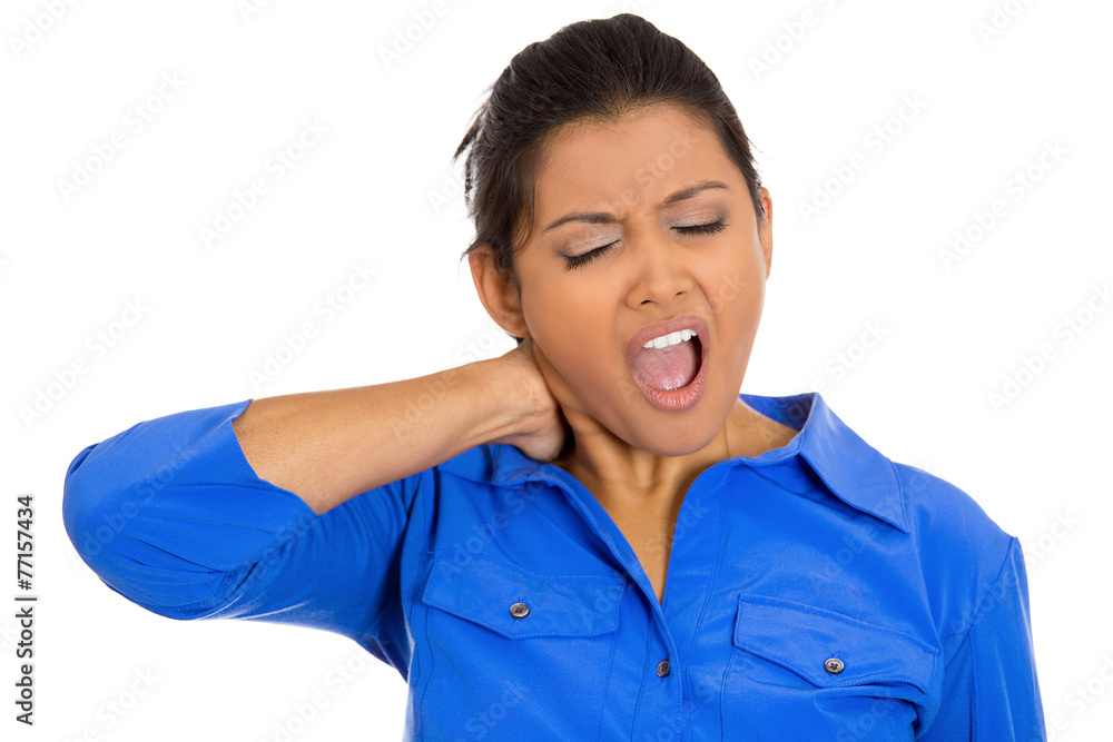 stressed unhappy young woman with bad neck pain stressed unhappy young woman with bad neck pain