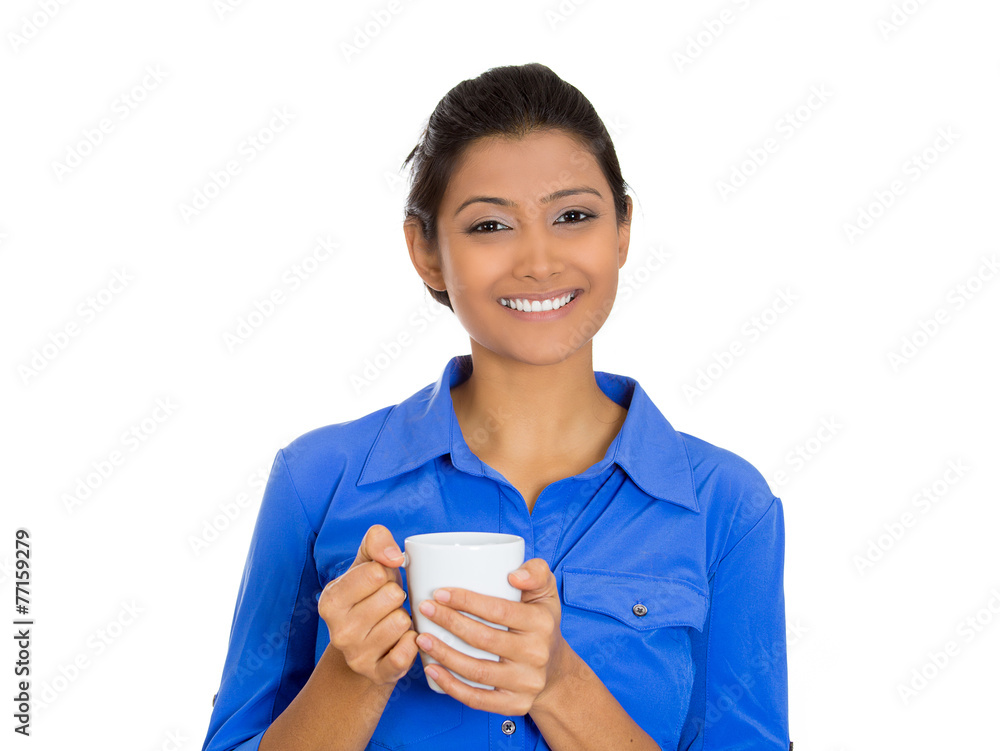 Portrait headshot happy business woman with cup of coffee Portrait headshot happy business woman with cup of coffee