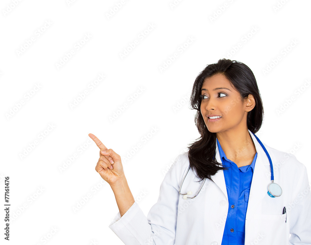 smiling confident female doctor presenting pointing copy space smiling confident female doctor presenting pointing copy space