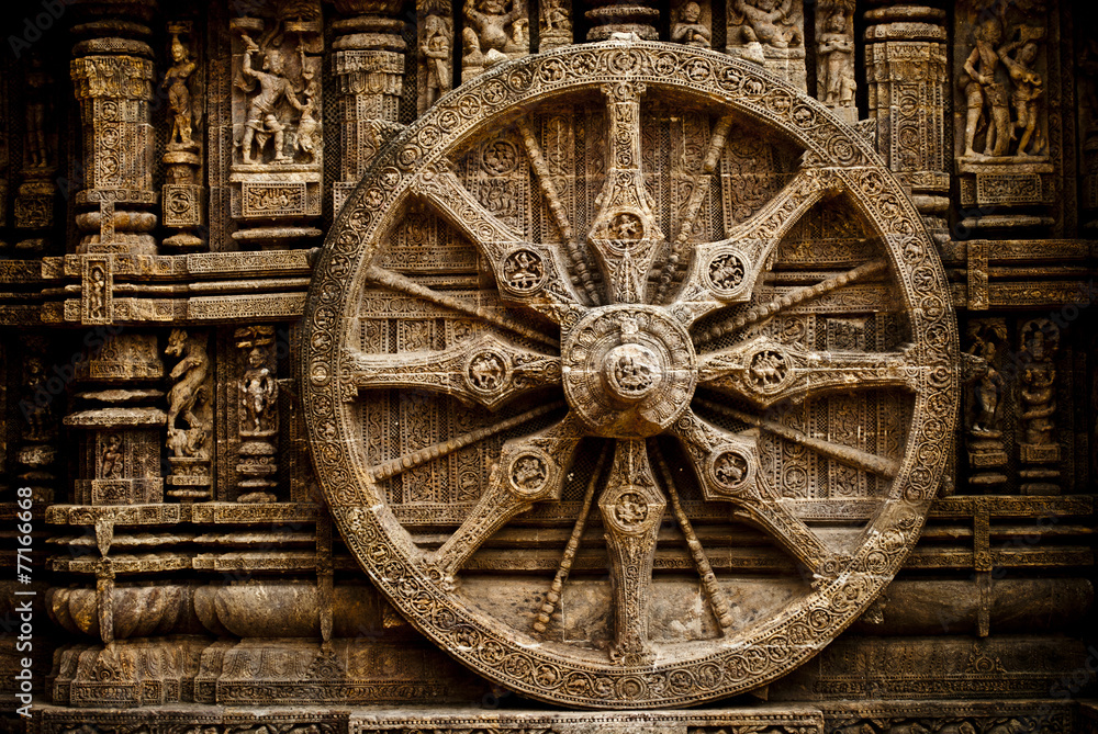 Beautiful sandstone chariot Wheel of Konark Sun Temple, Orissa