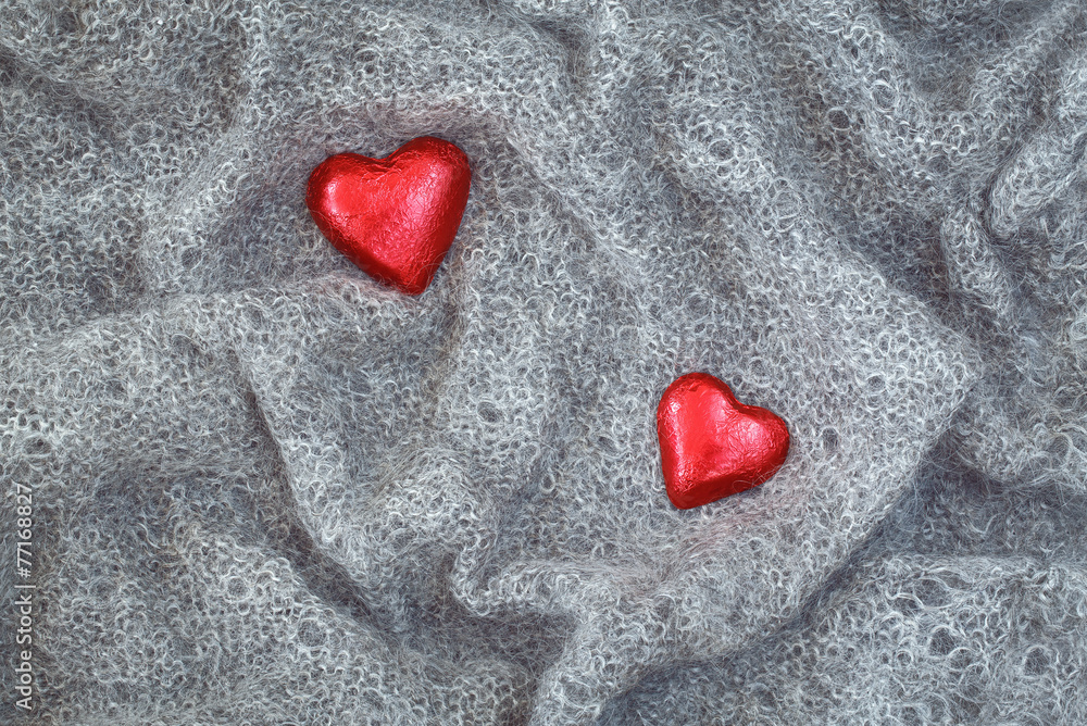 Fototapeta premium grey wool, red hearts, Valentine
