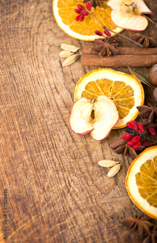 Christmas spices and dried orange sliceson Christmas spices and dried orange sliceson