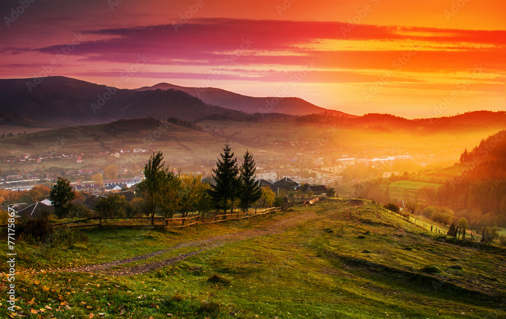 Sunrise in the mountain town of autumn morning.
