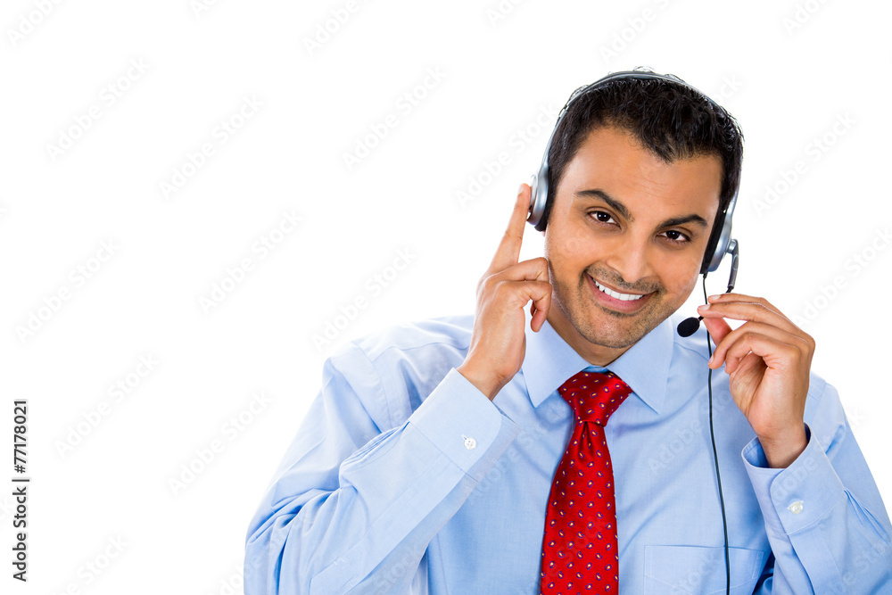 Headshot young happy male customer service representative Headshot young happy male customer service representative