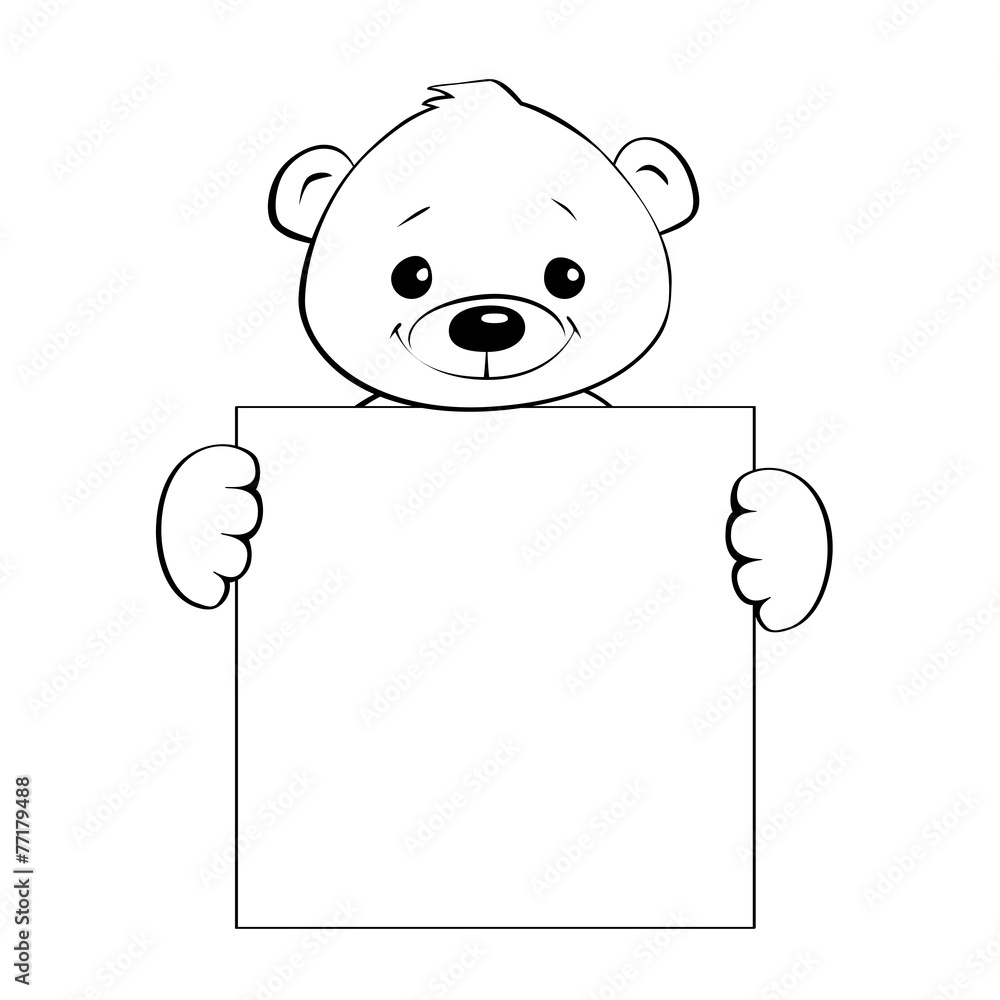 Fototapeta premium Black and white illustration of a teddy holding a blank sign.