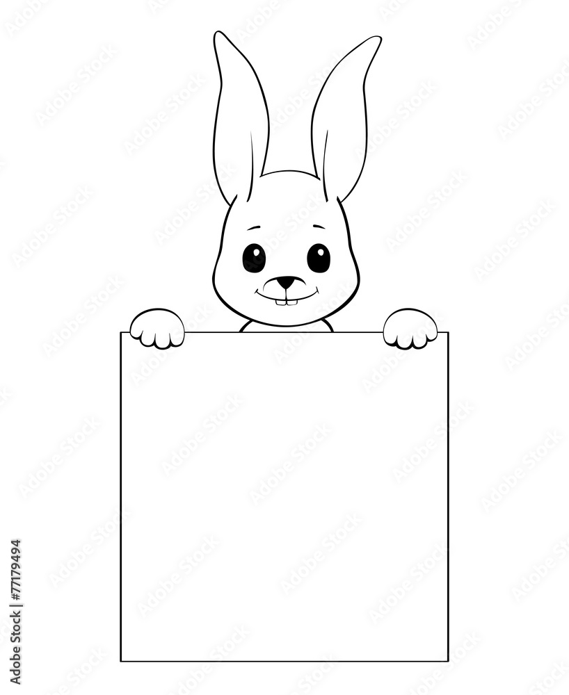 Black and white illustration of a bunny holding a blank sign. Stock ...