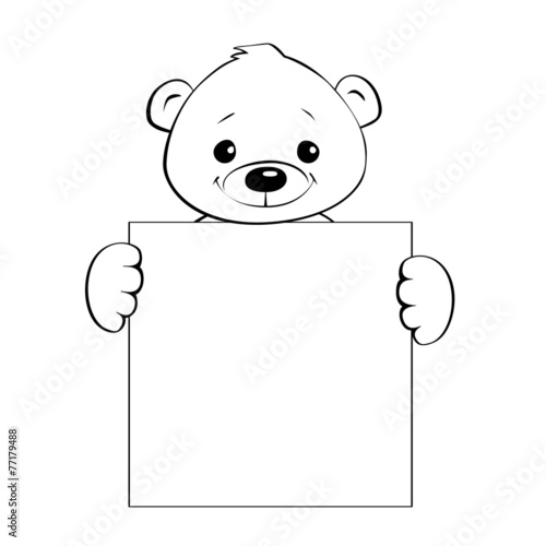 Black and white illustration of a teddy holding a blank sign.