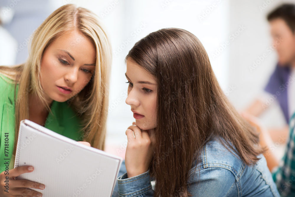 student girls looking at notebook at school student girls looking at notebook at school