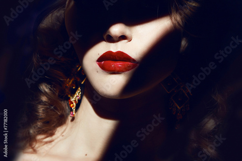 Fototapeta Beautiful sexy blond girl with make up red lips