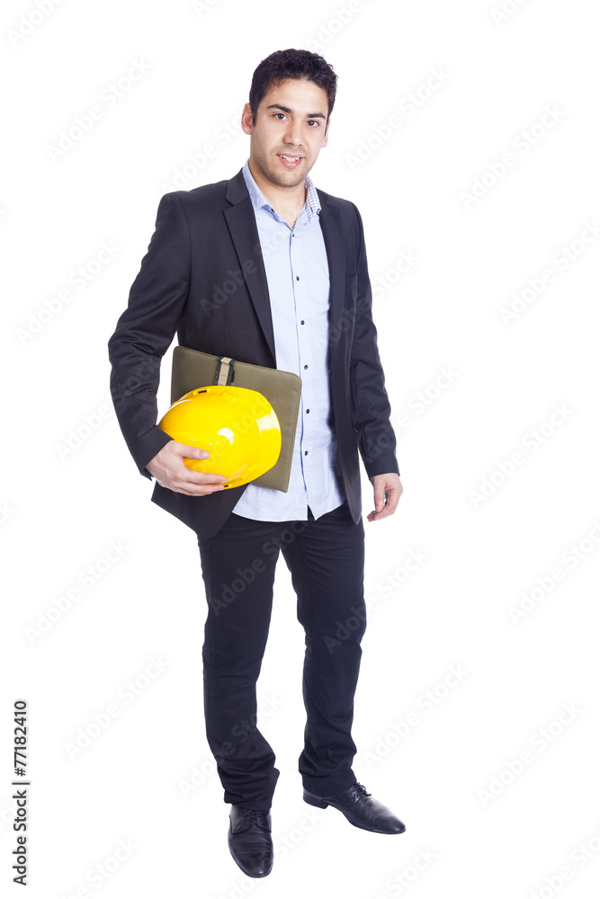 Young architect holding a helmet and a folder on a white backgro Young architect holding a helmet and a folder on a white backgro