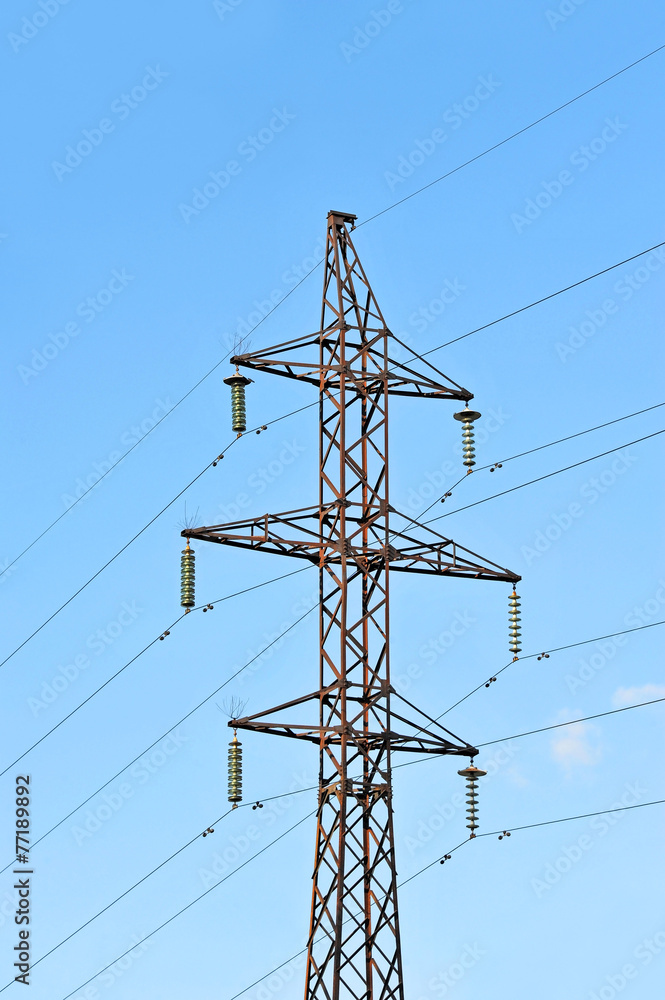 Electric lines pylon on blue sky background Electric lines pylon on blue sky background