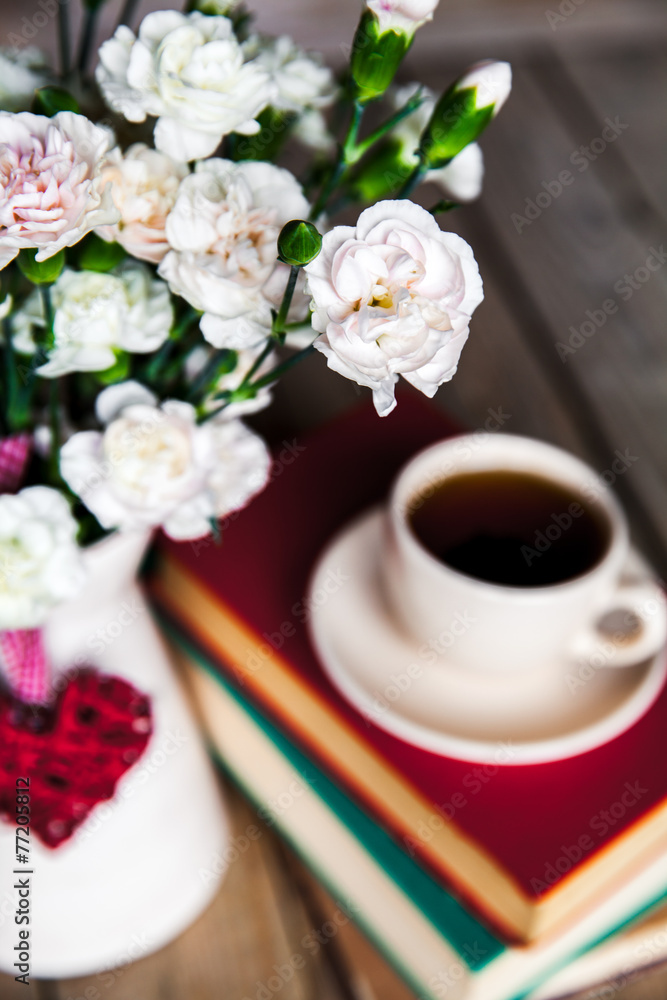 Coffee, books and flowers