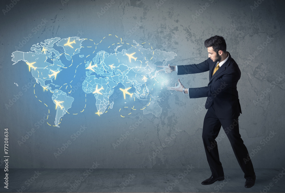 Business person showing digital map with planes around the world Business person showing digital map with planes around the world