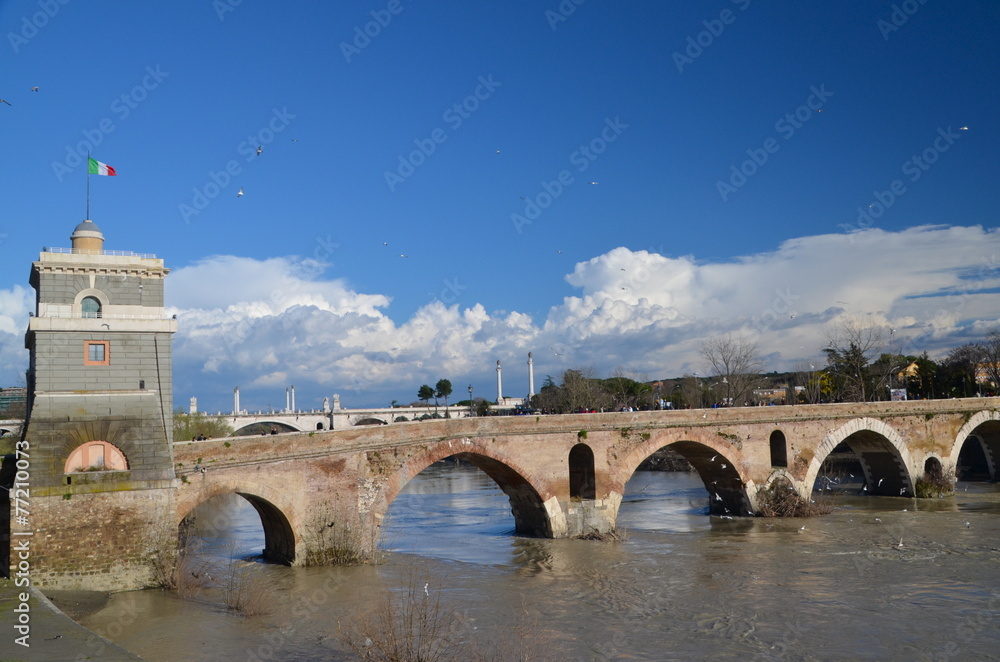 Milvian Bridge on river Tiber in Rome