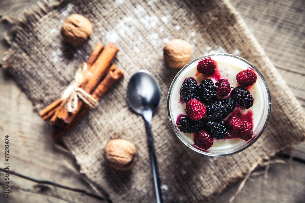 Healthy breakfast - Dairy yogurt with raspberry, mulberry Healthy breakfast - Dairy yogurt with raspberry, mulberry