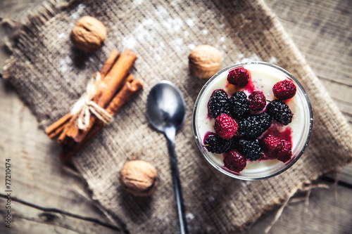 Healthy breakfast - Dairy yogurt with raspberry, mulberry