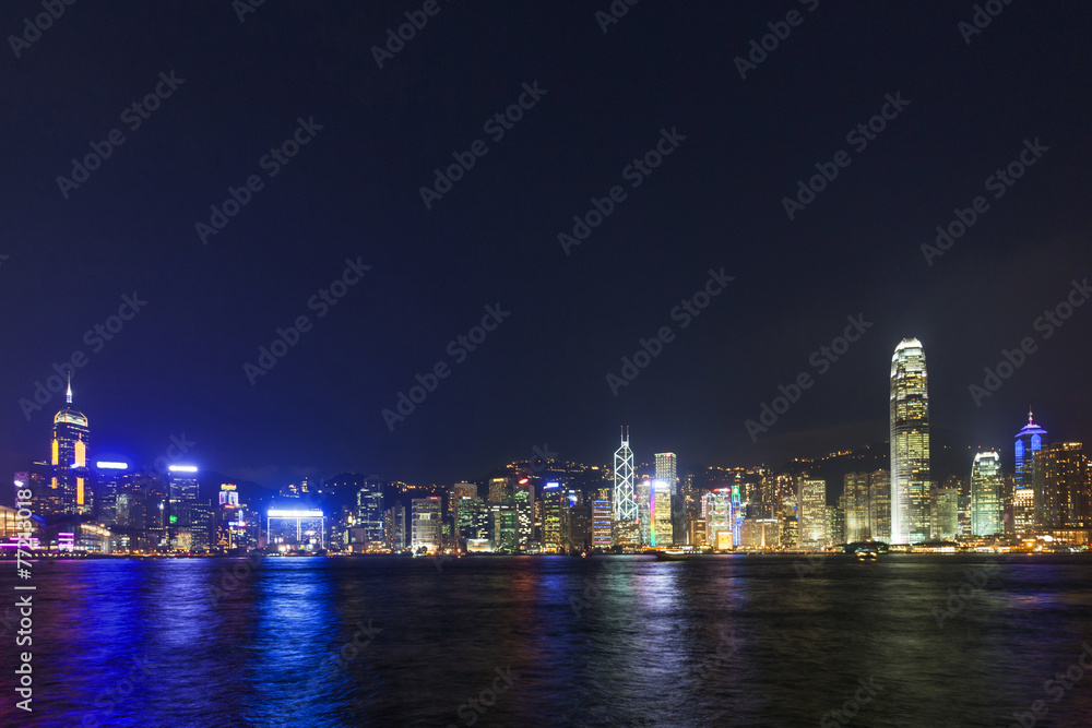 panoramic cityscape and skyline of hongkong harbor at night