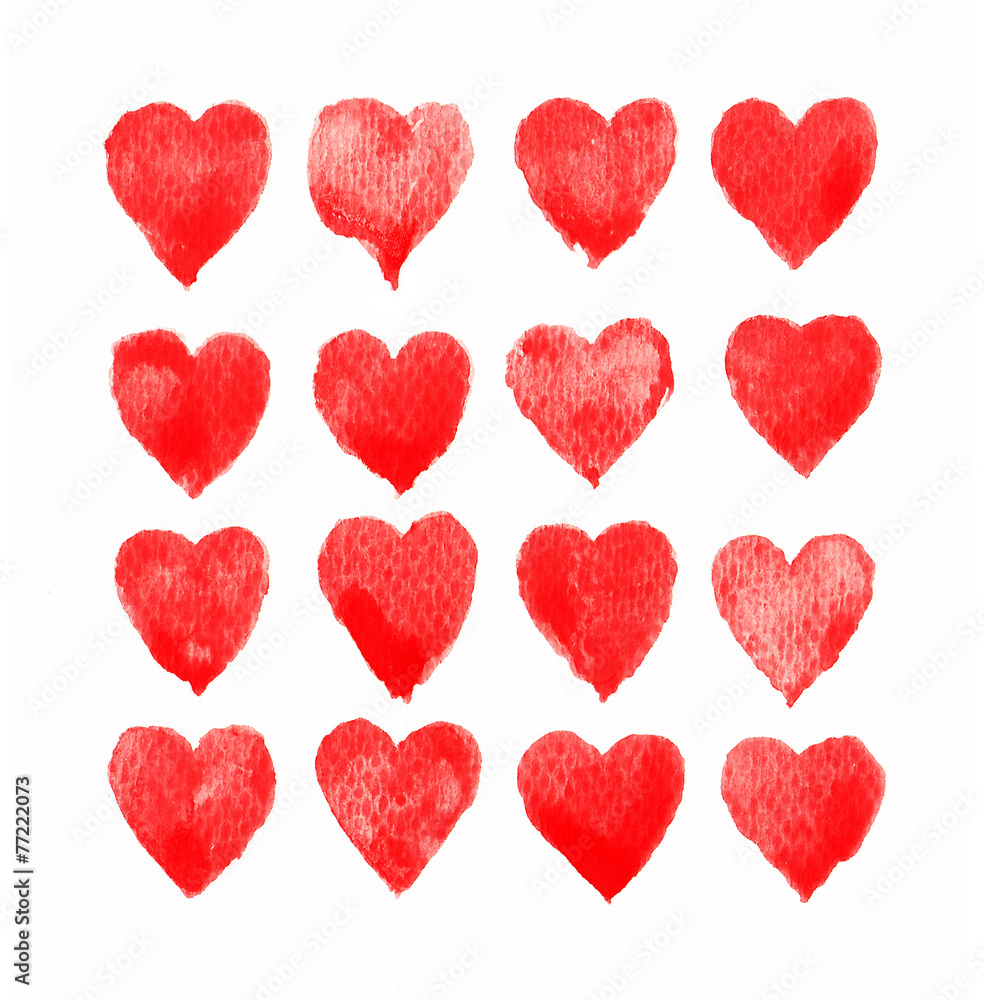 Hand painted red watercolor hearts isolated on white background