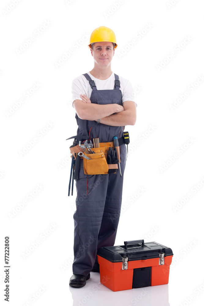 young worker with equipment toolbox isolated on white young worker with equipment toolbox isolated on white
