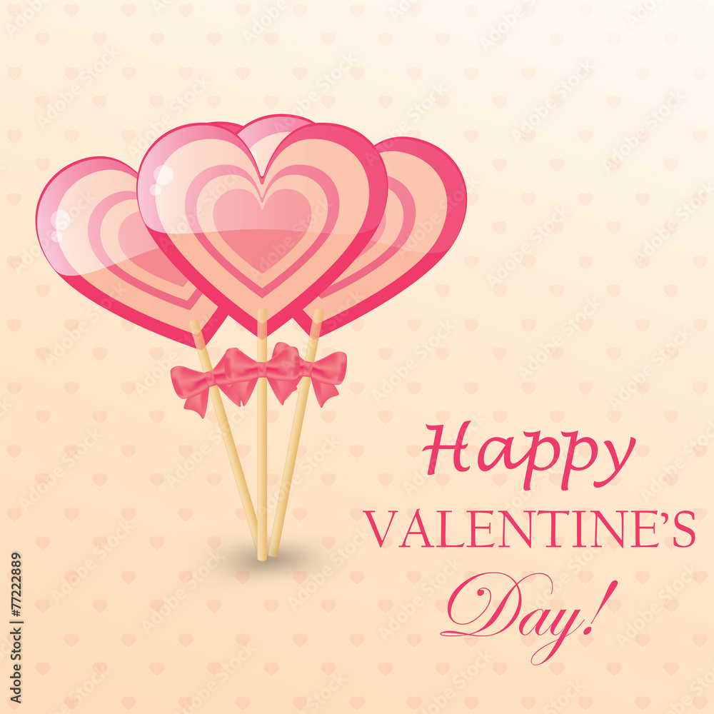 Happy Valentines Day Greeting Card with  heart-shaped lollipop
