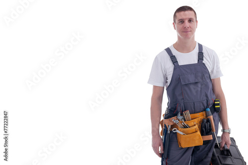 young worker with equipment toolbox isolated on white