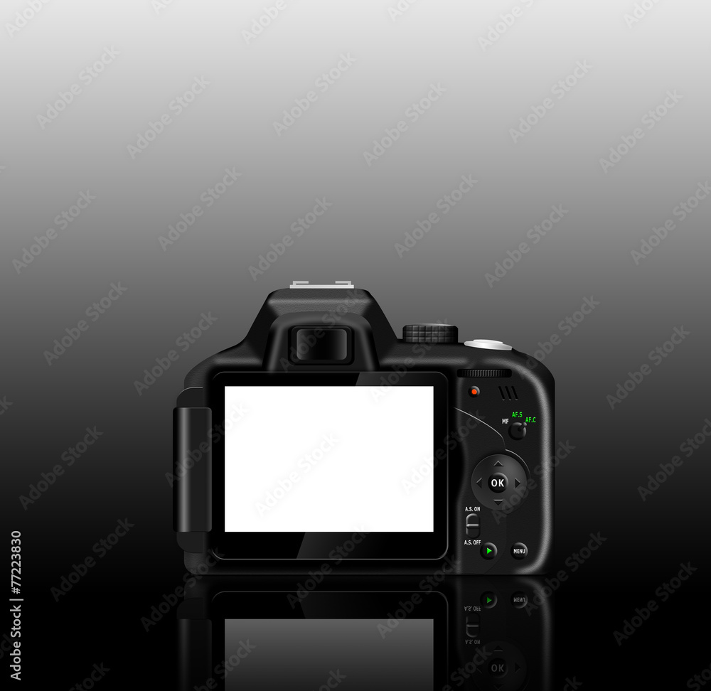 Digital SLR camera (dSLR) with a reflection on a table Digital SLR camera (dSLR) with a reflection on a table
