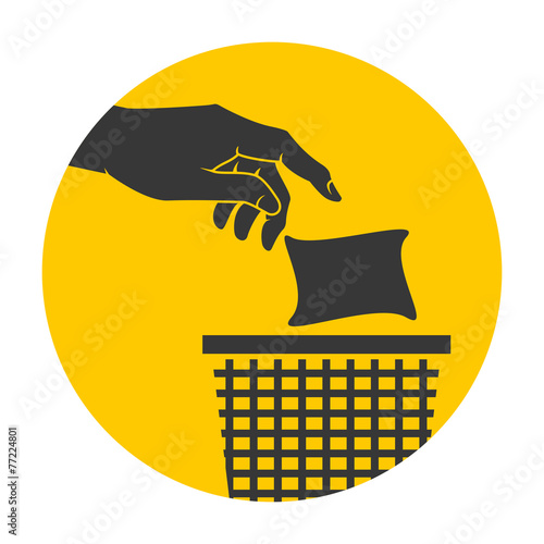 Littering, hand putting garbage in trash can, sign