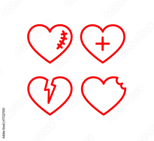Vector red hearts icons set. Red lined hearts