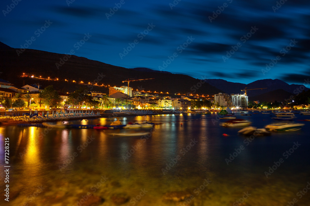 Night landscape of seaside town of Petrovac, Montenegro.