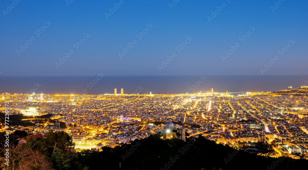 View over Barcelona at night seen from Mount Tibidabo