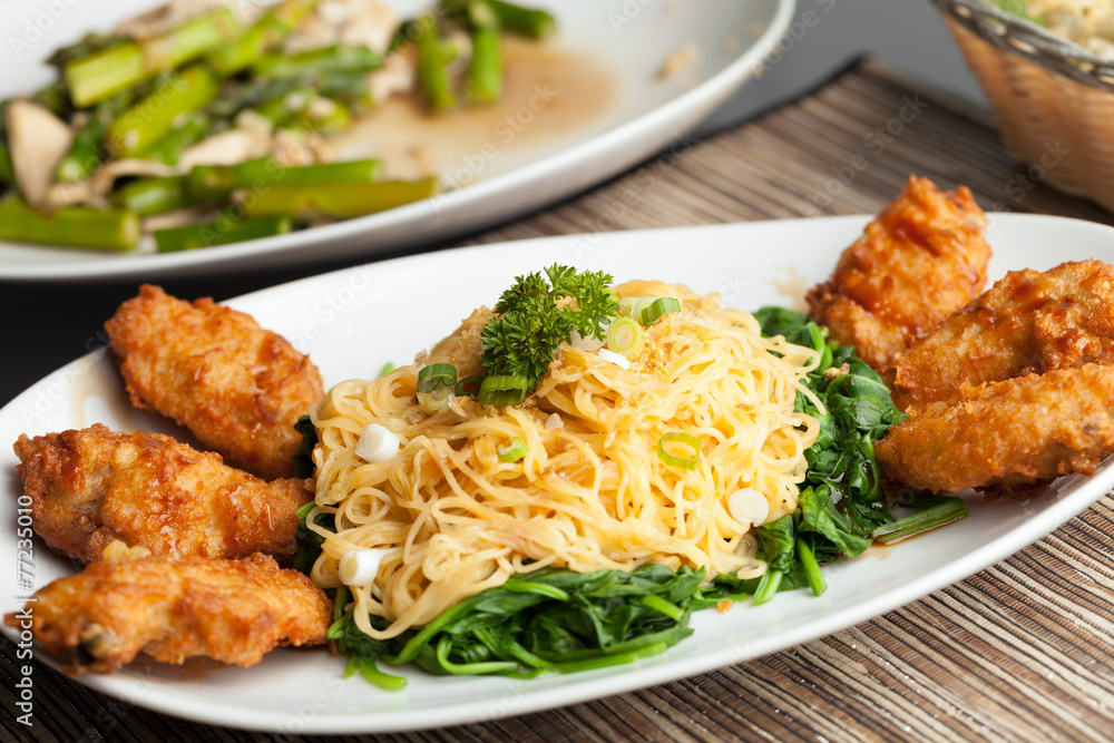 Chicken Wings with Noodles and Spinach Chicken Wings with Noodles and Spinach