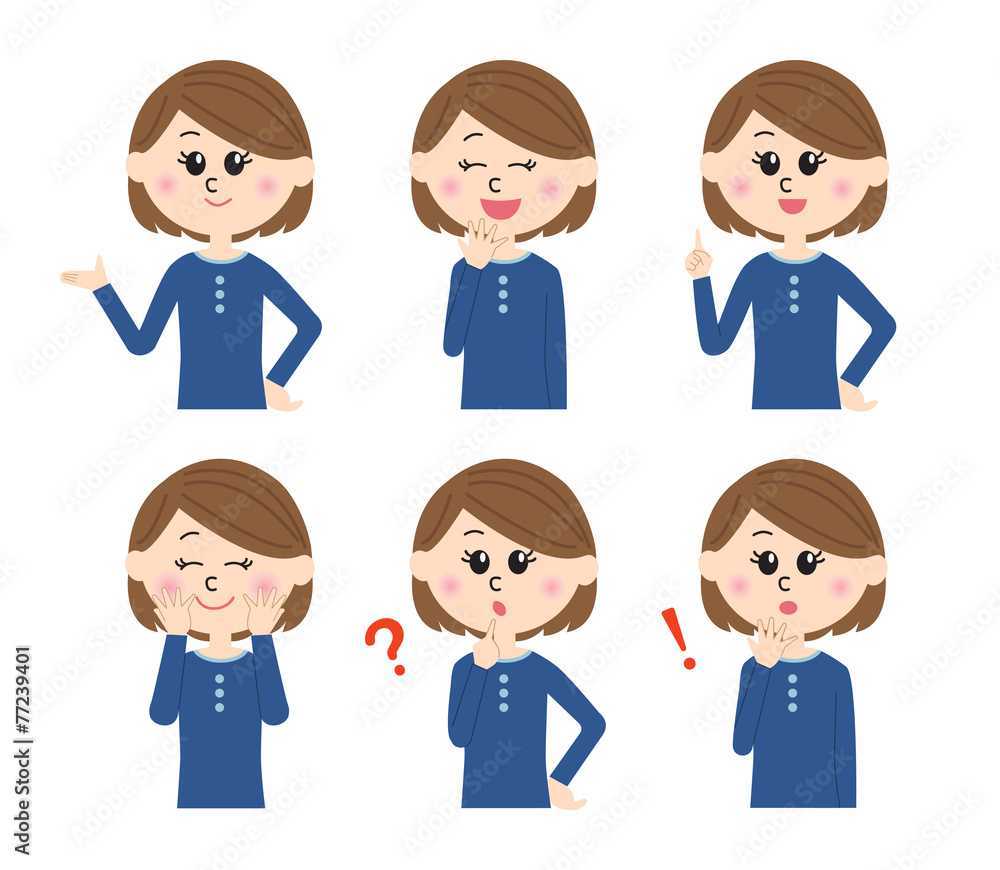 A set of six pose variations of happy young woman A set of six pose variations of happy young woman