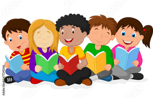 Happy children sitting on the floor while reading books