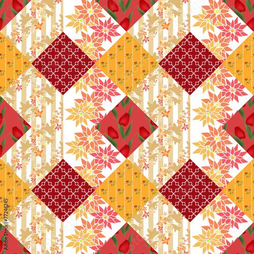 Patchwork seamless floral pattern background with decorative ele