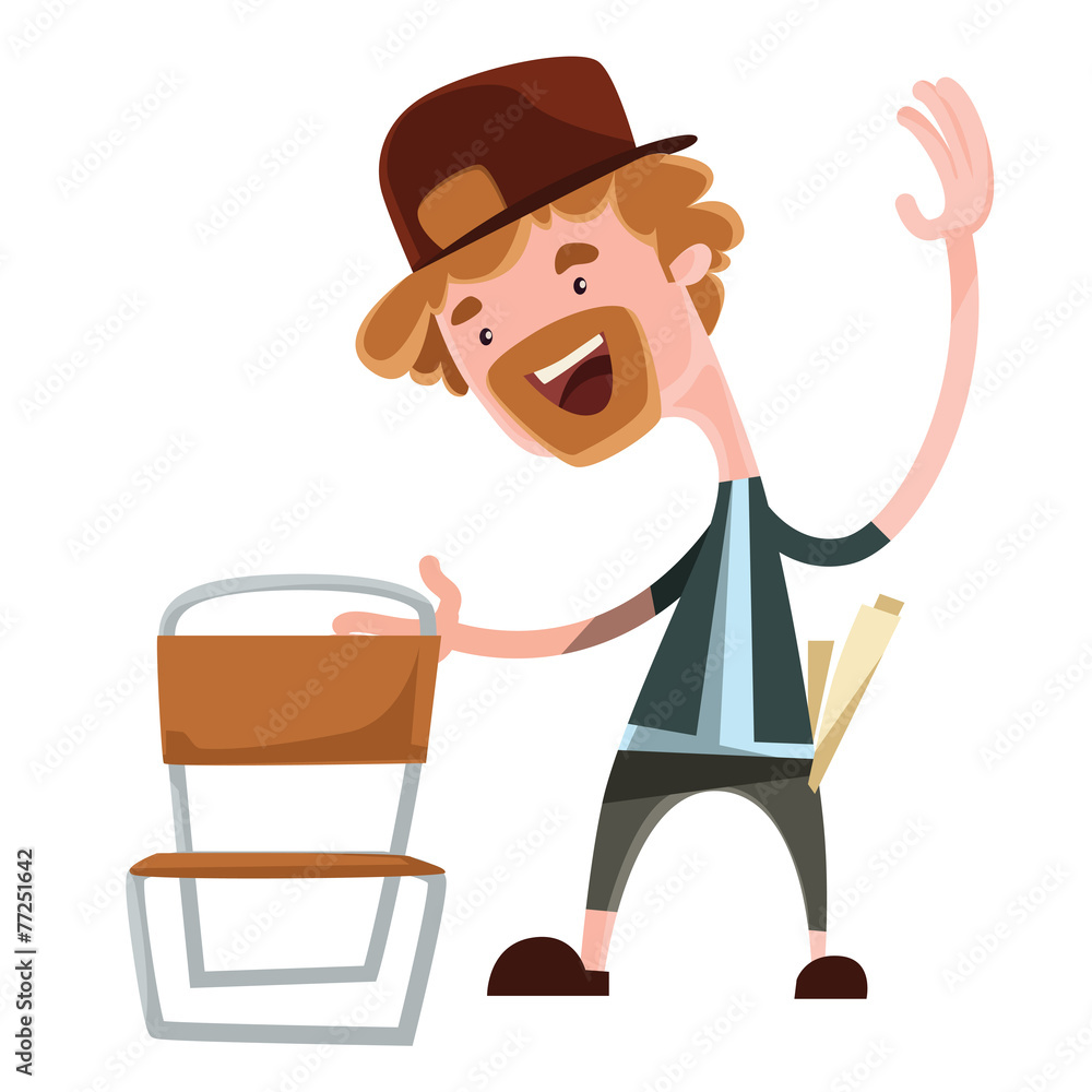 Happy man grabing chair vector illustration cartoon character