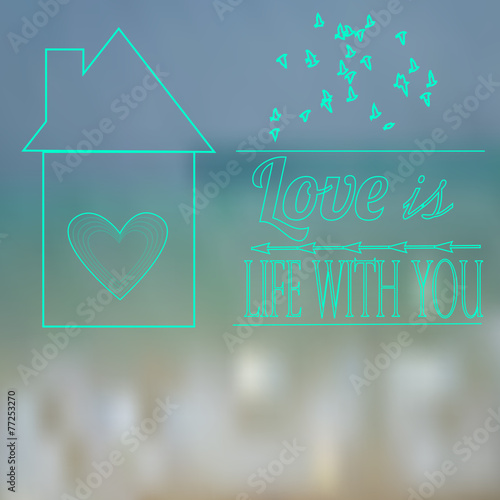 love text, house and doves flying  over blur background