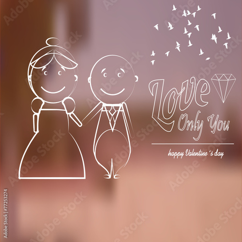 happy couple and love text,  over blur background