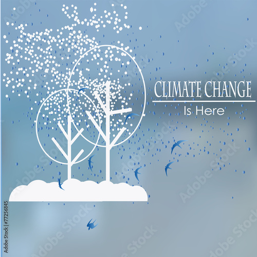 change climate, white trees and snow over  blue blur background