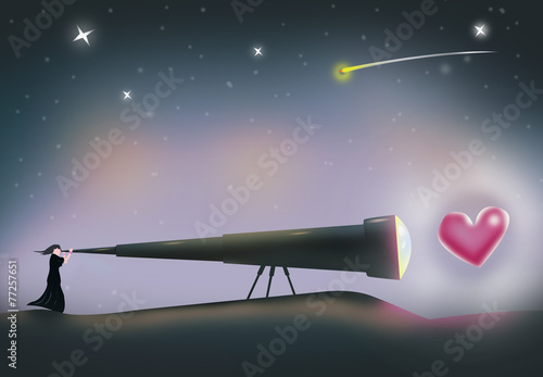 A woman searches for Love through a Telescope.