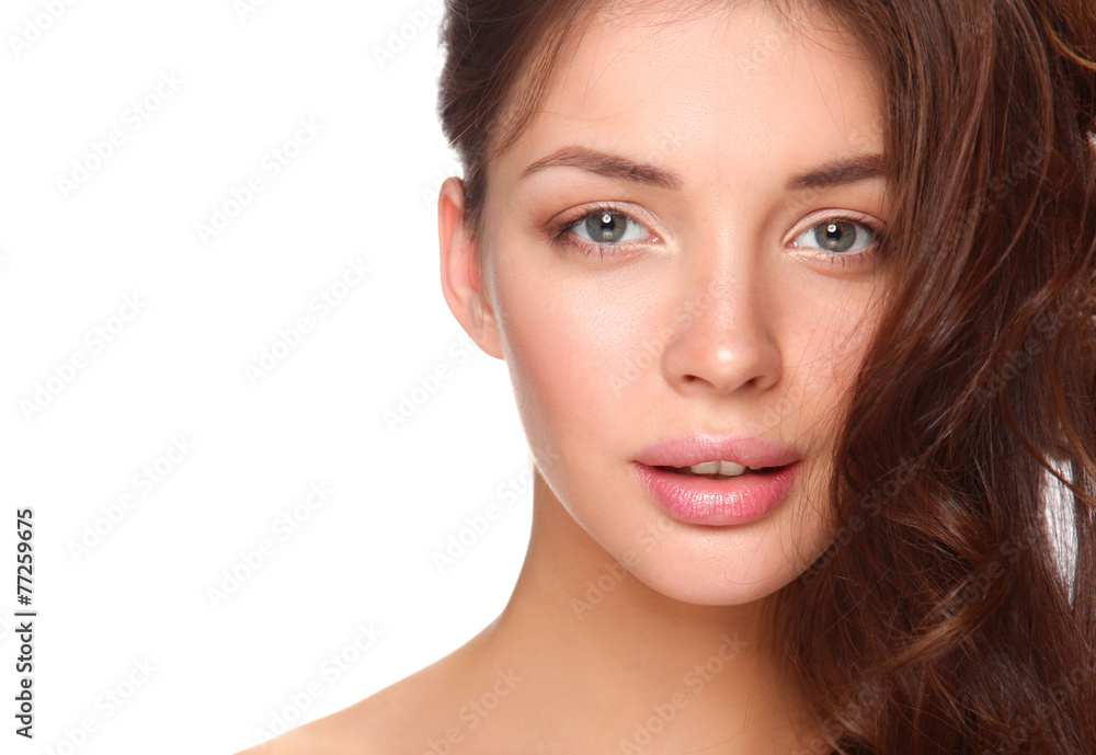 Close up portrait of beautiful young woman face. Isolated on