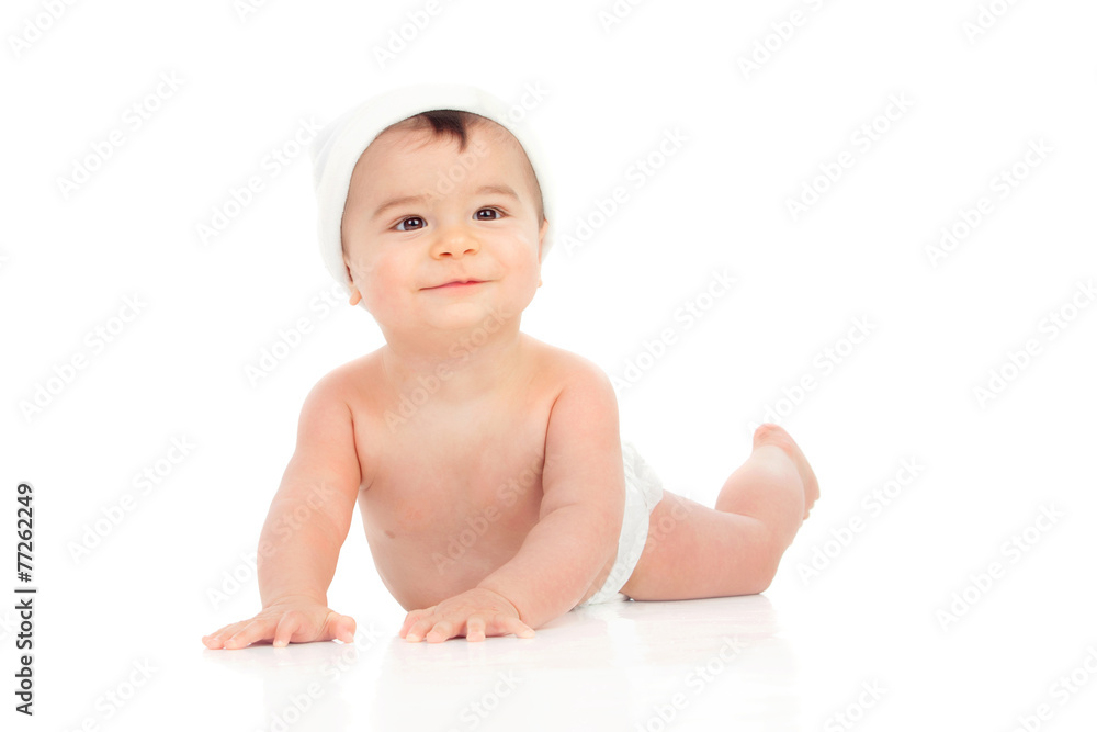 Cute baby in diaper with cap Cute baby in diaper with cap
