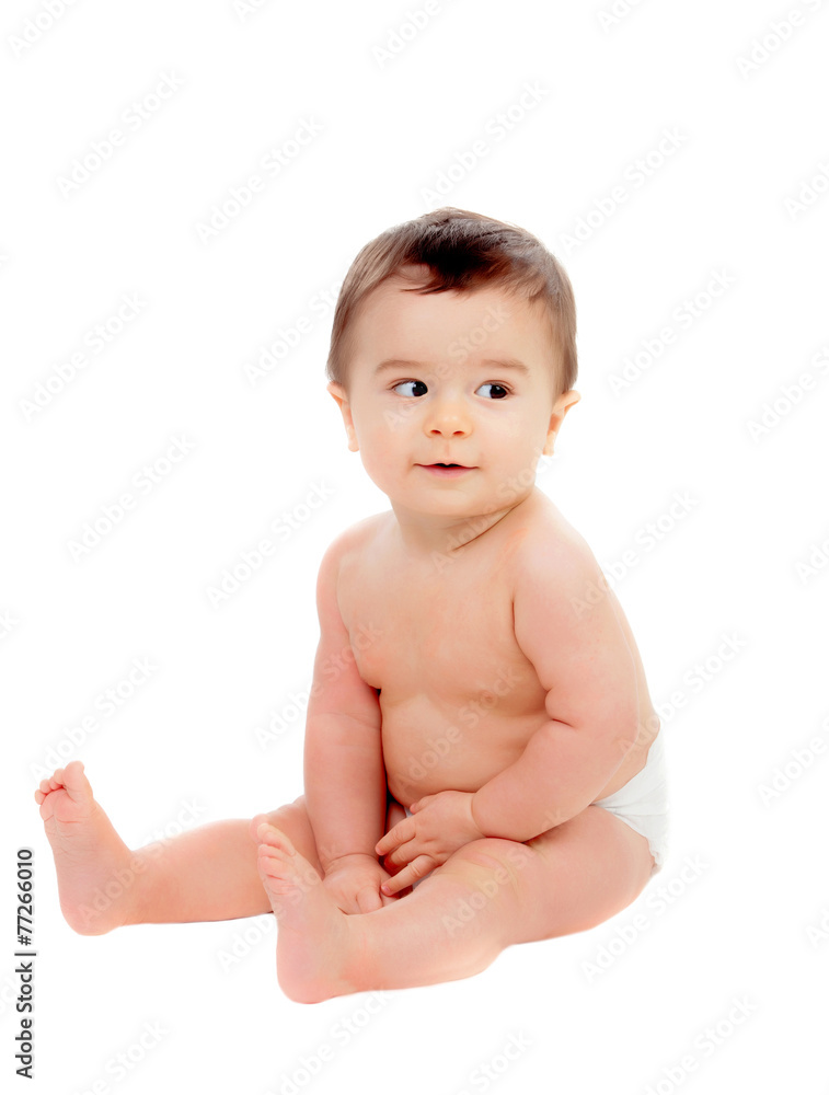 Adorable six month baby in diaper looking at side Adorable six month baby in diaper looking at side