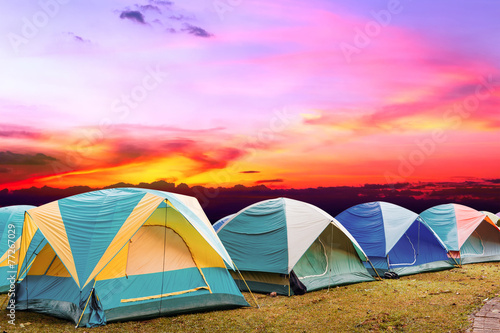 tourist tent with beautiful sunset background