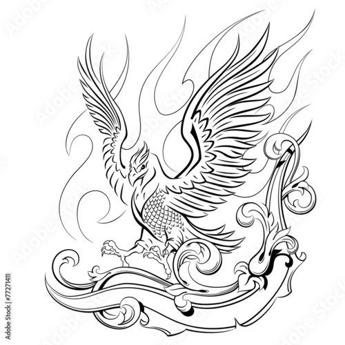 phoenix on a background of flames and oranmenta, mythical animal