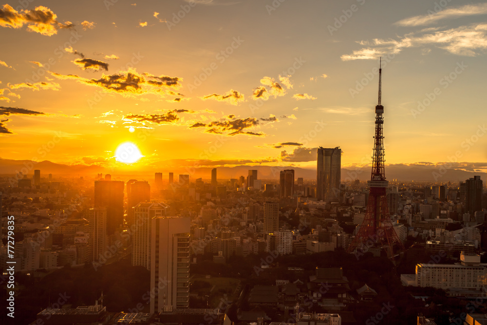 Naklejka premium Wieczorny widok Tokyo Tower