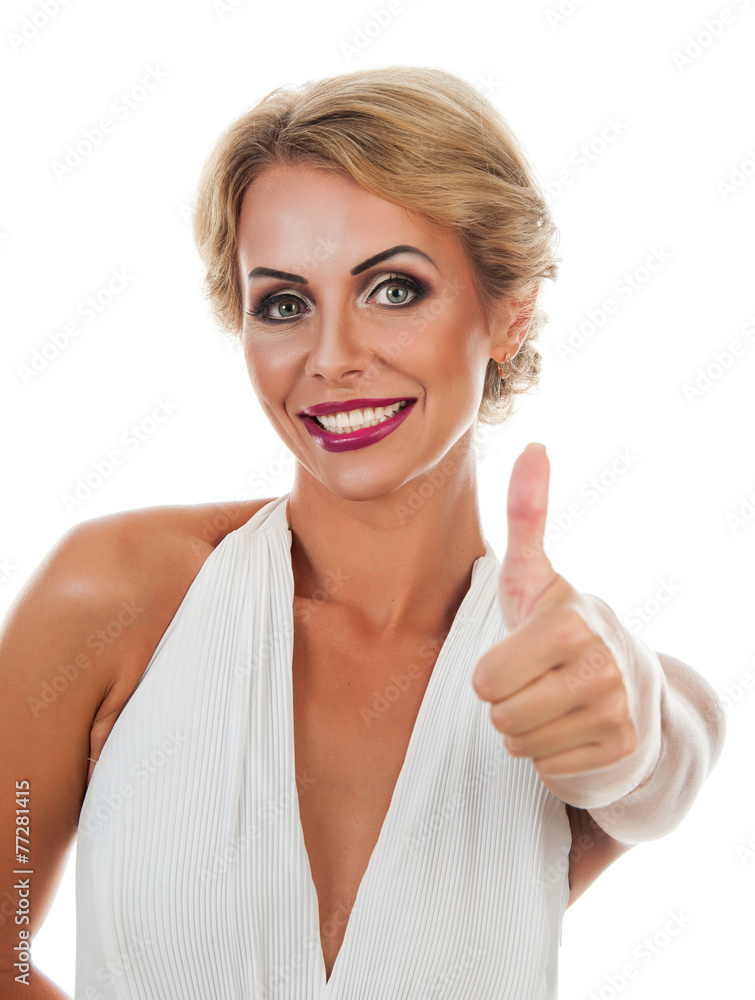 Smiling woman showing tumb sign Smiling woman showing tumb sign