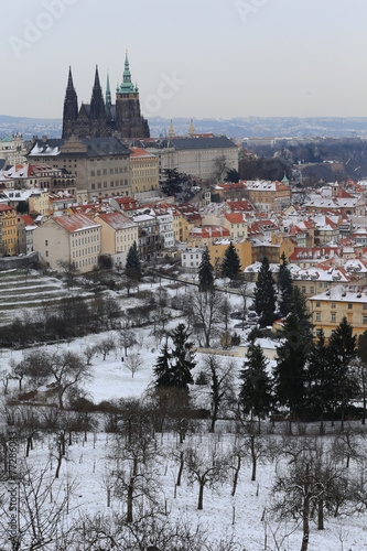 First Snow in Prague City with gothic Castle, Czech Republic