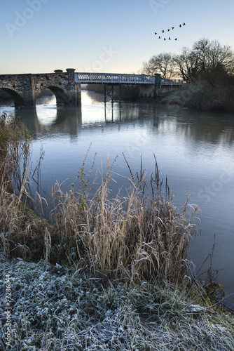 Landscape Winter surnise of river and frosty fields © veneratio